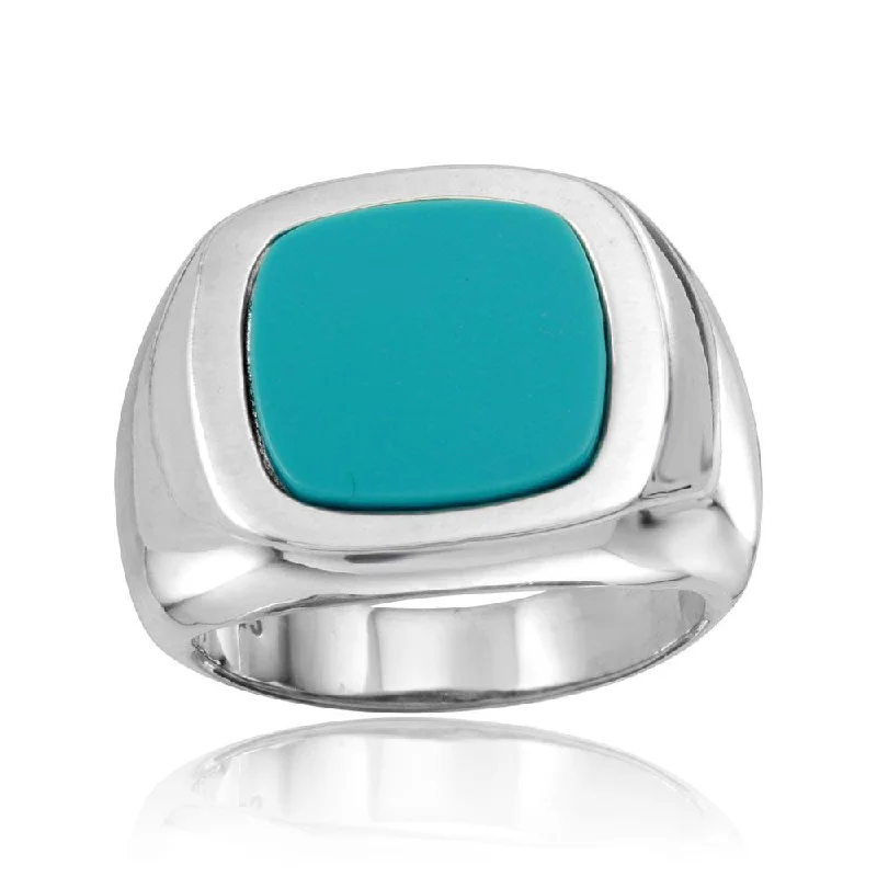 High Polished 925 Sterling Silver Square Dome Ring with Flat Turquoise Stone - CR00802