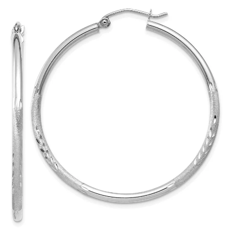 Curata 14k White Gold Satin and Sparkle Cut 36x2mm Round Hoop Earrings