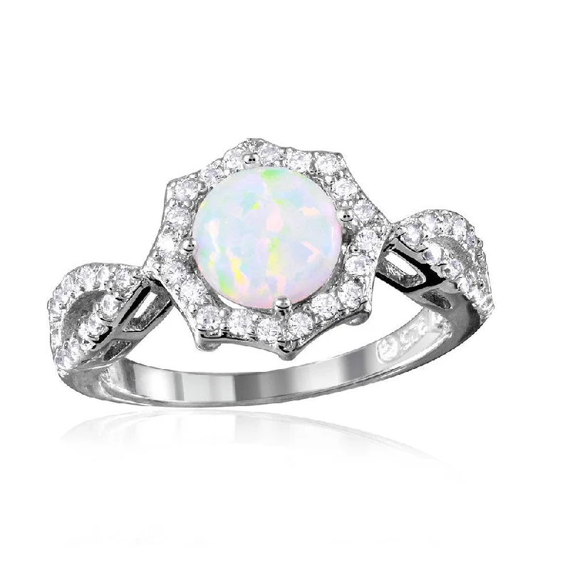 Silver 925 Rhodium Plated Synthetic Opal Halo CZ Ring - BGR01054