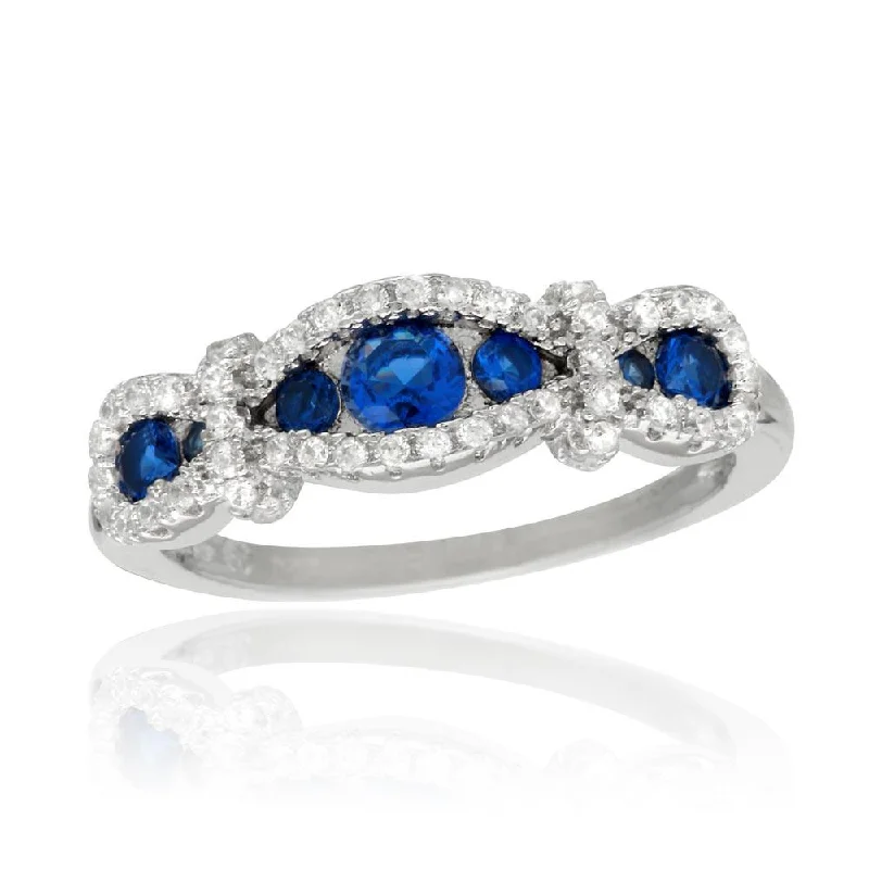 Rhodium Plated 925 Sterling Silver Knotted Blue CZ Ring - BGR01112BLU