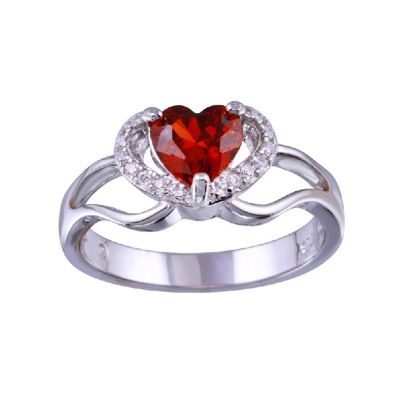 Rhodium Plated 925 Sterling Silver Heart Red and Clear CZ Ring - BGR01344