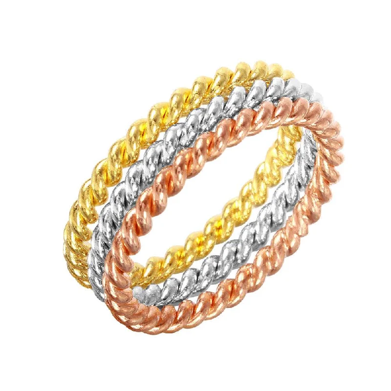 Silver 925 Rhodium, Gold, and Rose Gold Plated Stackable Rope Ring - STR00293