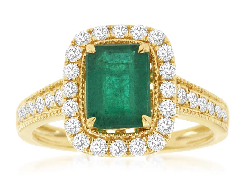 14K Yellow Gold 1.12ct Emerald & 0.52cttw H/I SI Diamond Ring