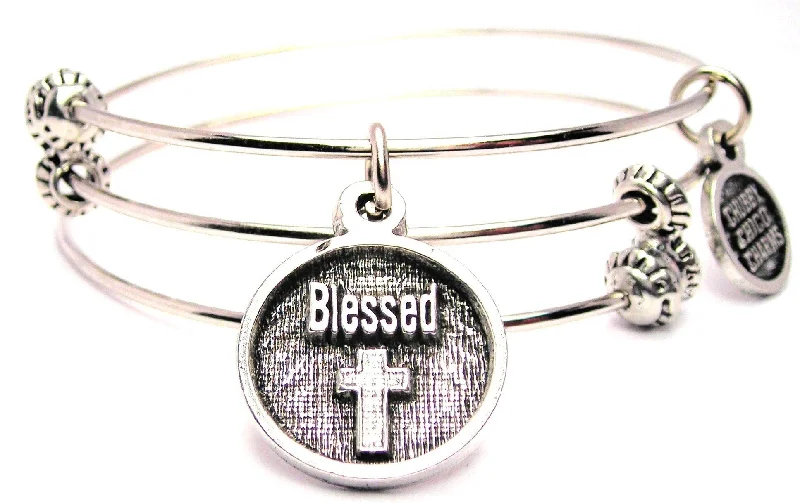 Blessed With Cross Triple Style Expandable Bangle Bracelet