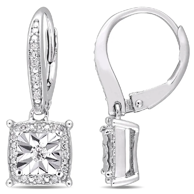 Miadora Sterling Silver 1/5ct TDW Diamond Square Halo Leverback Earrings