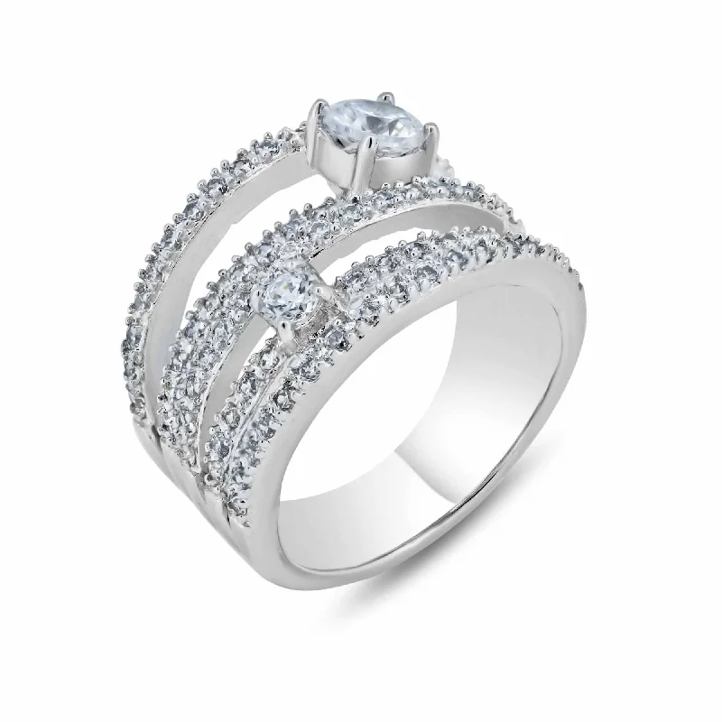 Clearance-Silver 925 Rhodium Plated 5 Row CZ Ring - STR00507