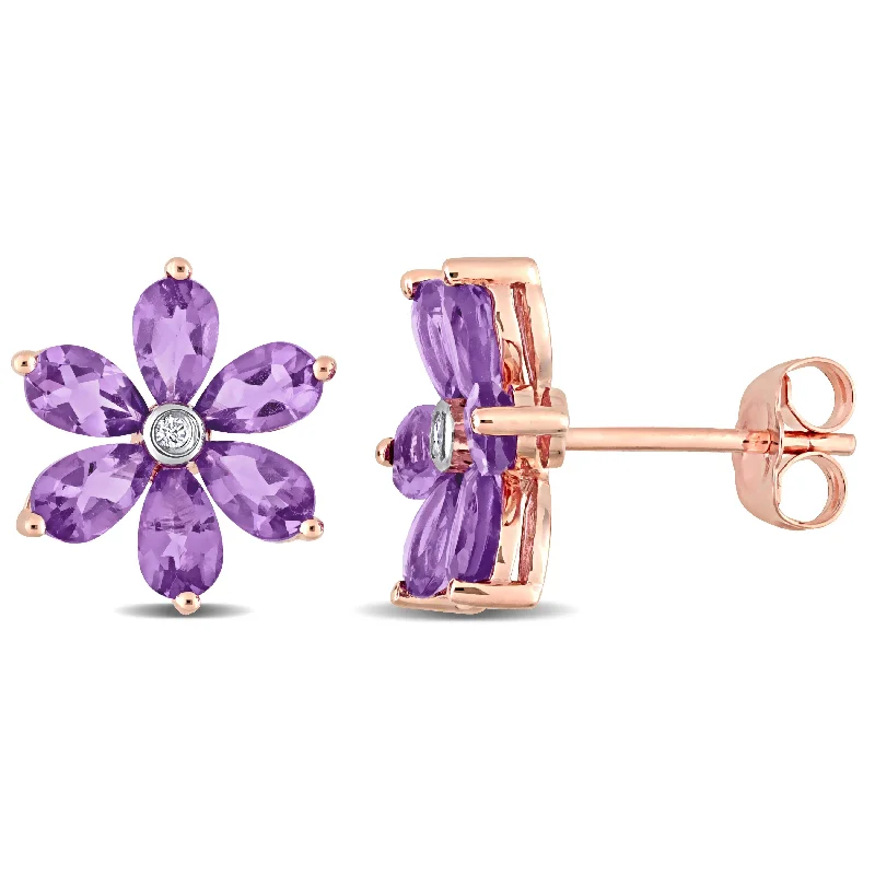 Miadora Pear-cut Amethyst and Diamond Accent Floral Stud Earrings in 14k Rose Gold