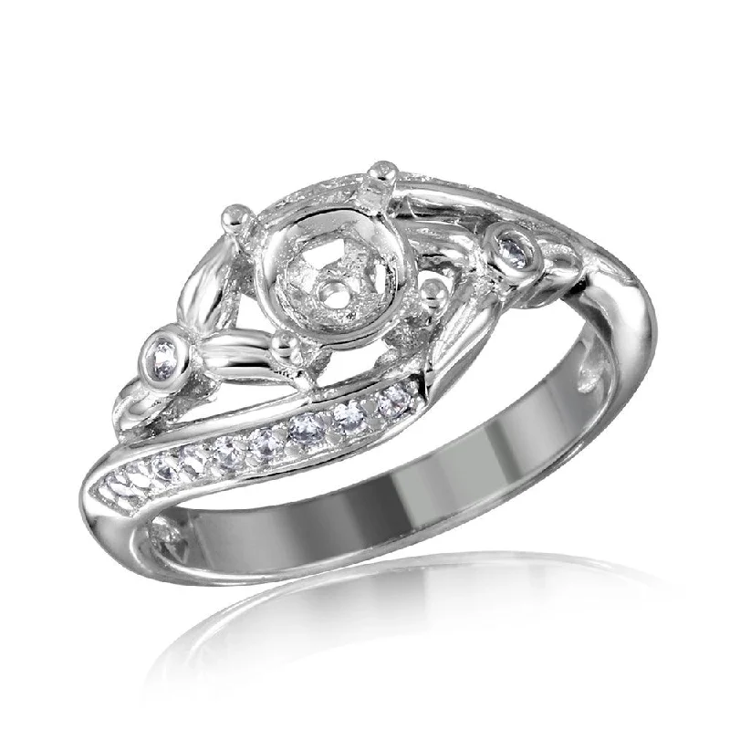 Silver 925 Rhodium Plated Overlap CZ Flower Design Mounting Ring - BGR00816