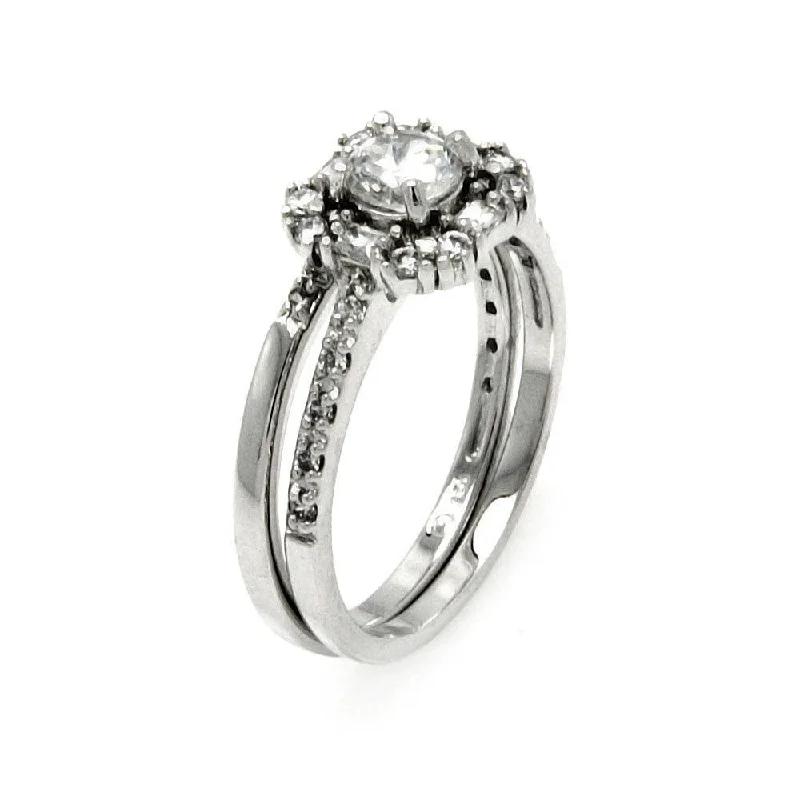 Silver 925 Rhodium Plated Round Center Clear Baguette CZ Bridal Engagement Ring - BGR00455