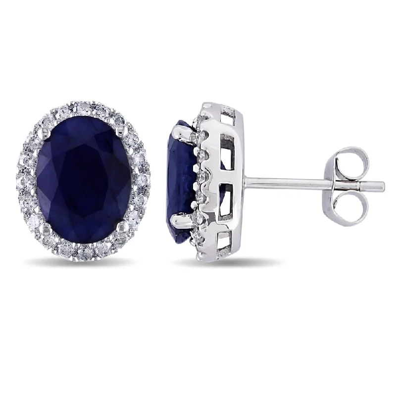 Miadora 14k White Gold Oval-cut Sapphire and 2/5ct TDW Diamond Halo Stud Earrings (G-H, I1-I2)