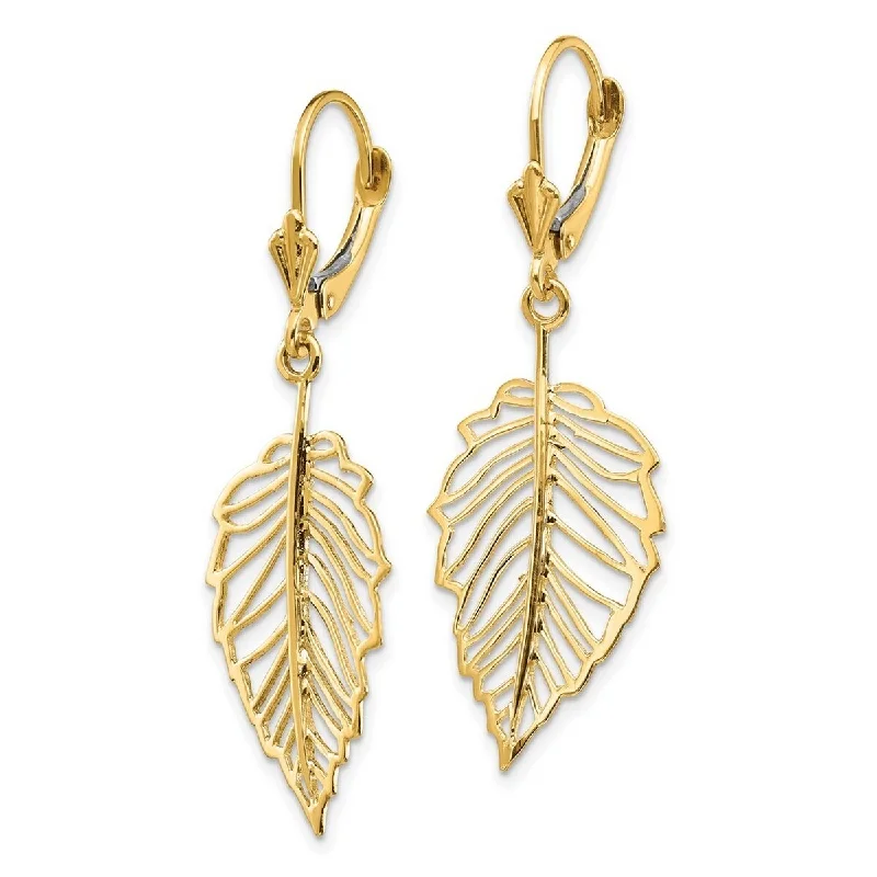 Curata 14k Yellow Gold Polished Leaf Leverback Earrings - 42.9x13.85mm