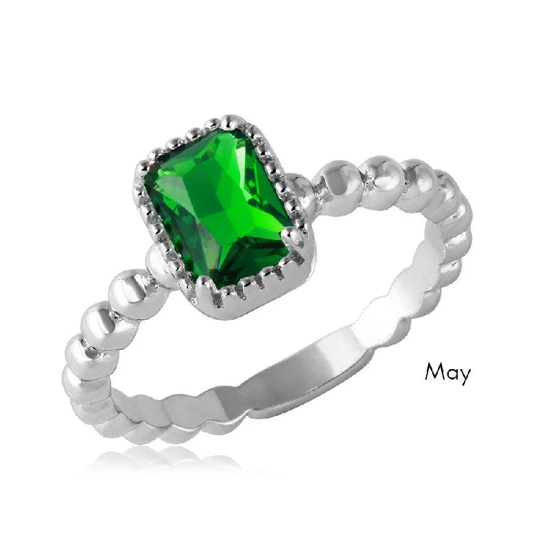 May Sterling Silver 925 Rhodium Plated Beaded Shank Square Center Birthstone Ring - BGR01081MAY