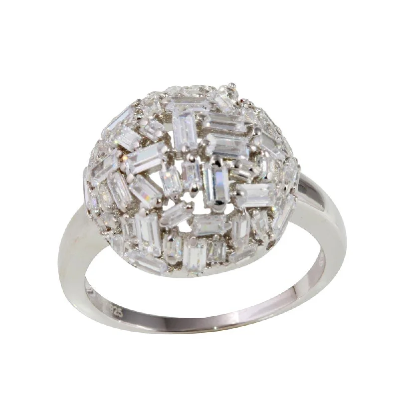 Rhodium Plated 925 Sterling Silver Half Sphere Ring with Rectangle CZ - STR01070