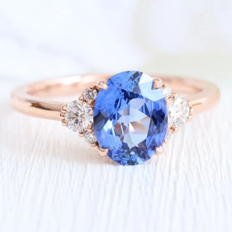 2 Ct. Oval Ceylon Blue Sapphire Ring in 14k Rose Gold 3 Stone Diamond Ring, Size 6.5