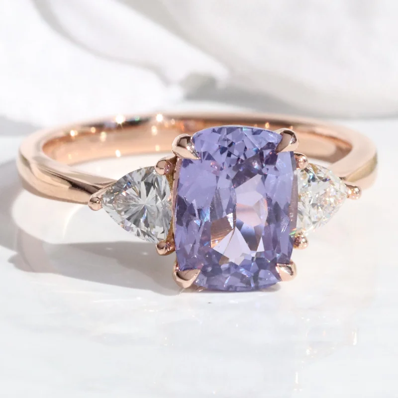 2.95 Ct Cushion Purple Sapphire Ring in 14k Rose Gold 3 Stone Diamond Ring, Size 6.5