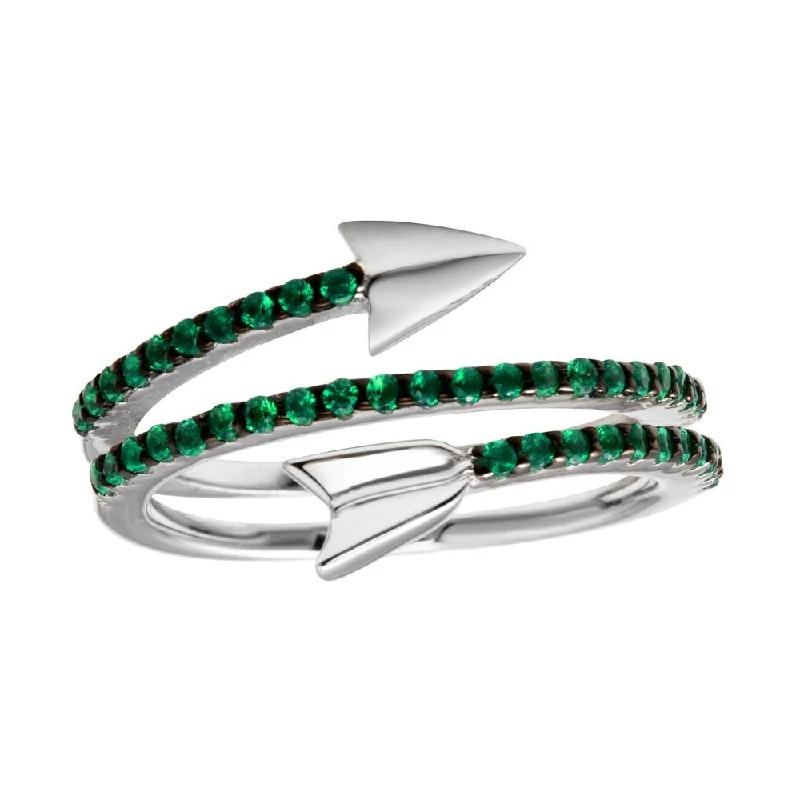 Rhodium Plated 925 Sterling Silver Wrap Arrow Green CZ Ring - BGR01189GREEN