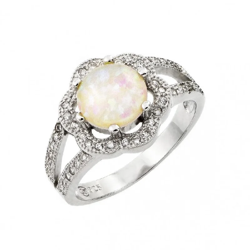 Silver 925 Rhodium Plated White Opal Center Clear Cluster CZ Flower Ring - STR00992