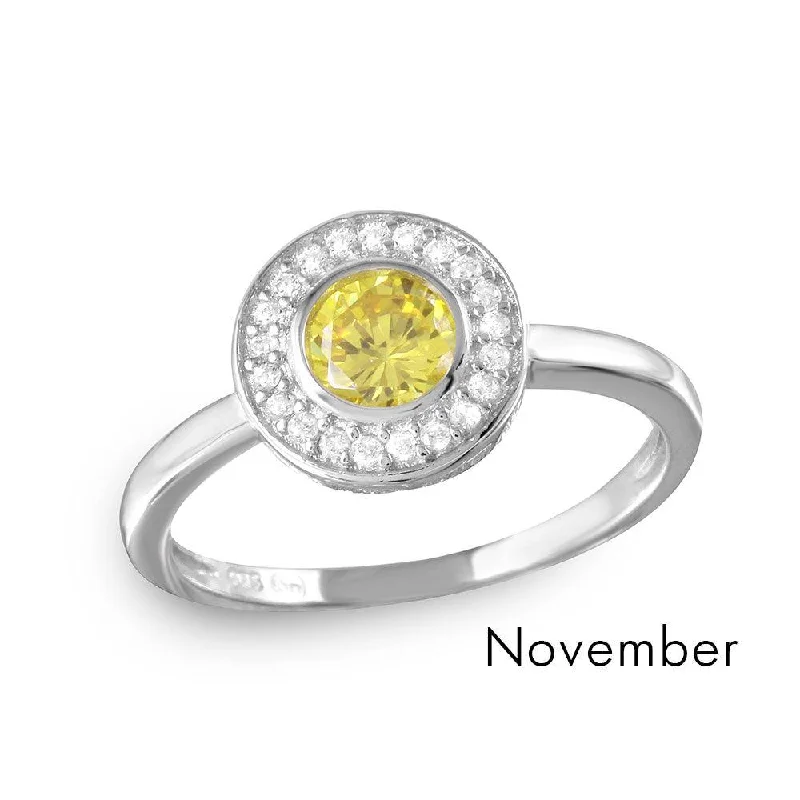 November Sterling Silver 925 Rhodium Plated CZ Center Birthstone Halo Ring - BGR01082NOV