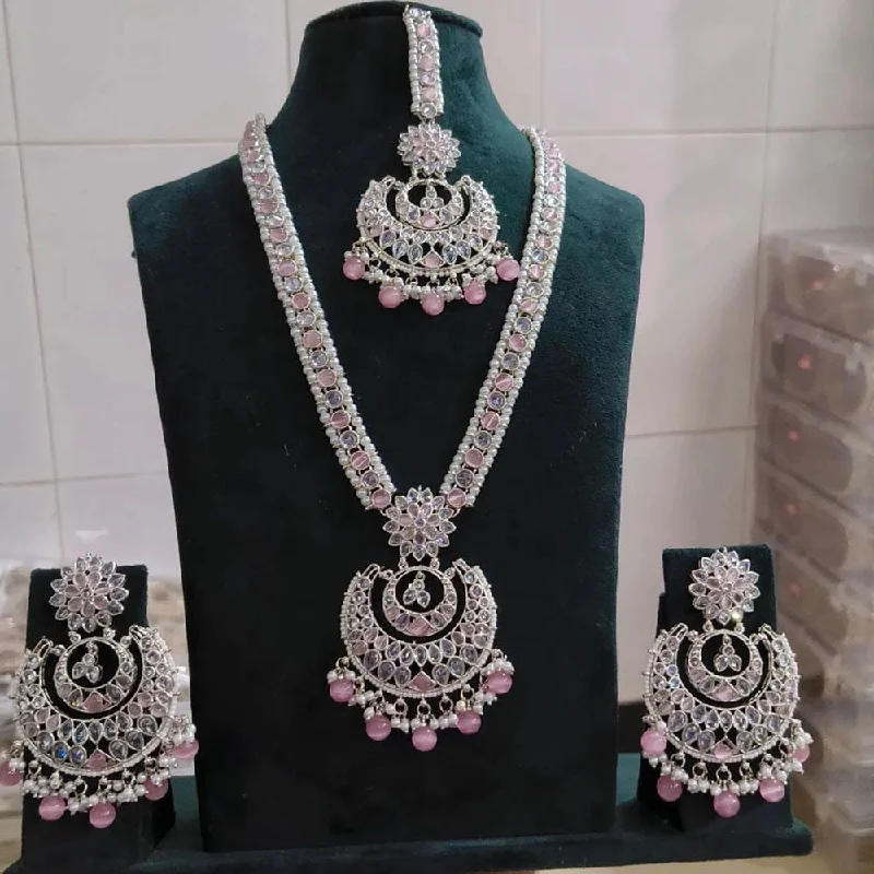 Shree Chamunda Jewellers Silver Plated Crystal Stone And Pearls Long Necklace Set