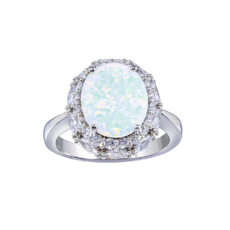 Rhodium Plated 925 Sterling Silver Opal and Clear CZ Ring - BGR01332