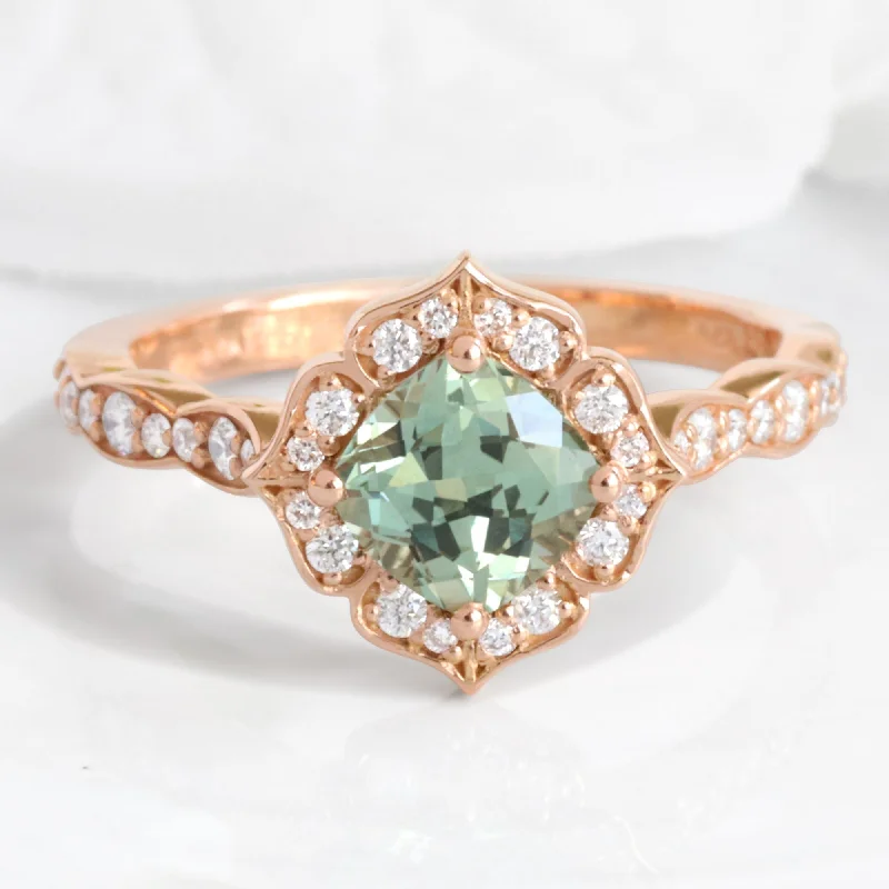 Green Sapphire Diamond Ring in 14k Rose Gold Mini Vintage Floral Size 6.5