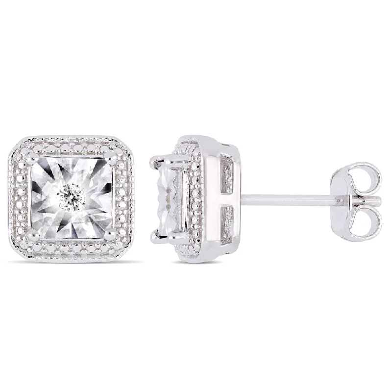 Miadora Sterling Silver Diamond Square Halo Stud Earrings