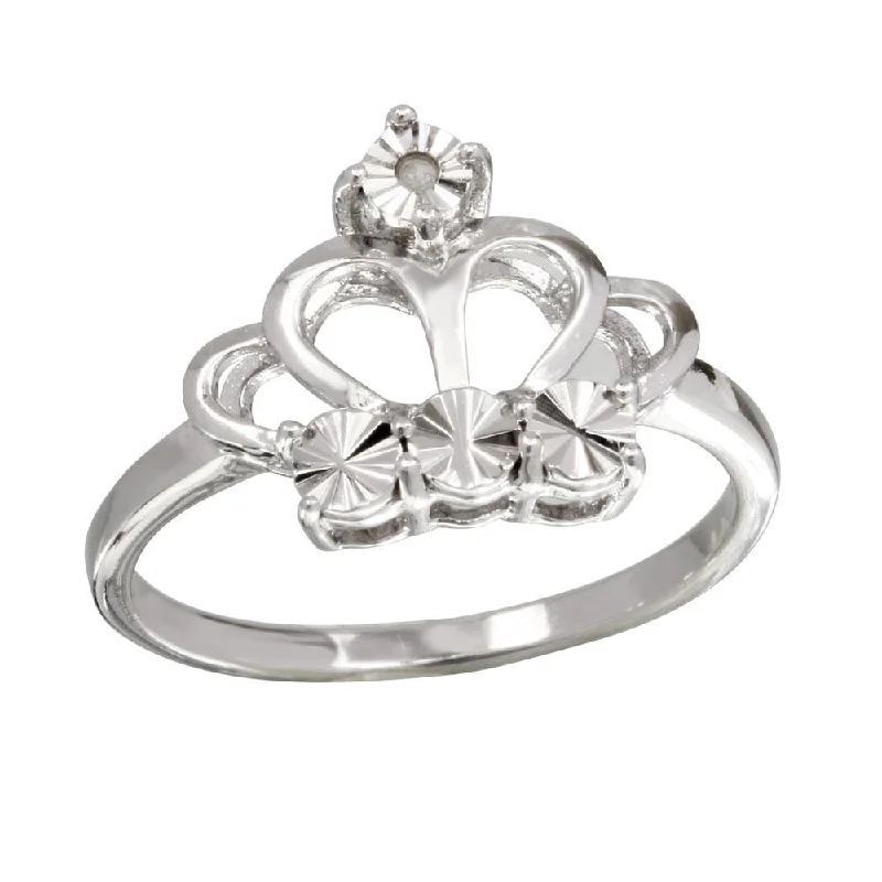 Rhodium Plated 925 Sterling Silver Diamond Cut Crown Ring - STR01083