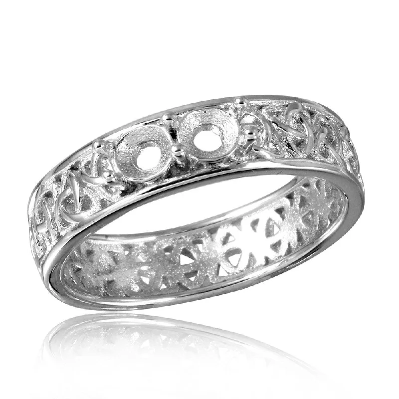 Silver 925 Rhodium Plated Celtic Designed Band 2 Stones Mounting Ring - BGR00828