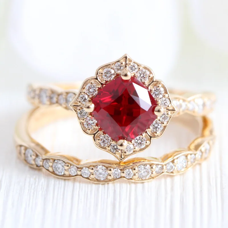 Mini Vintage Floral Bridal Set w/ Cushion Ruby and Scalloped Diamond Ring