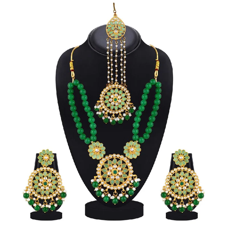 Mahi Dual Layer Green Floral Necklace Jewellery Set with Artificial Beads for Women (NL1103840GGre)