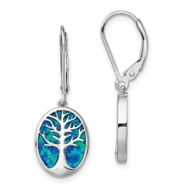 Curata Sterling Silver Simulated Opal Tree Of Life Leverback Earrings 30.9x11.4mm