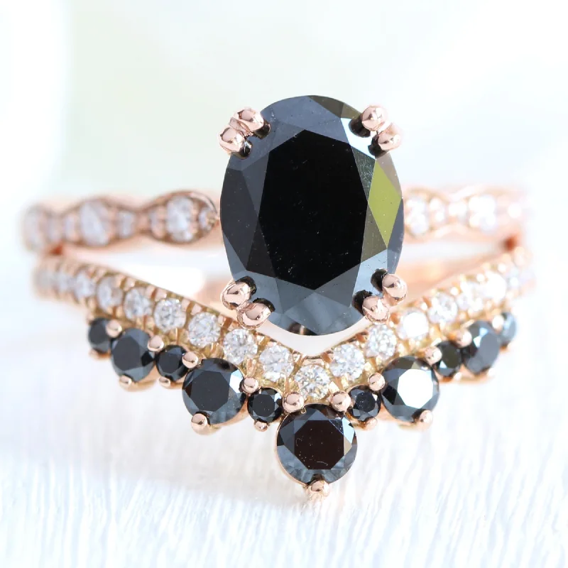 Grace Solitaire Black Diamond Ring Set w/ Large Tiara Diamond Wedding Band