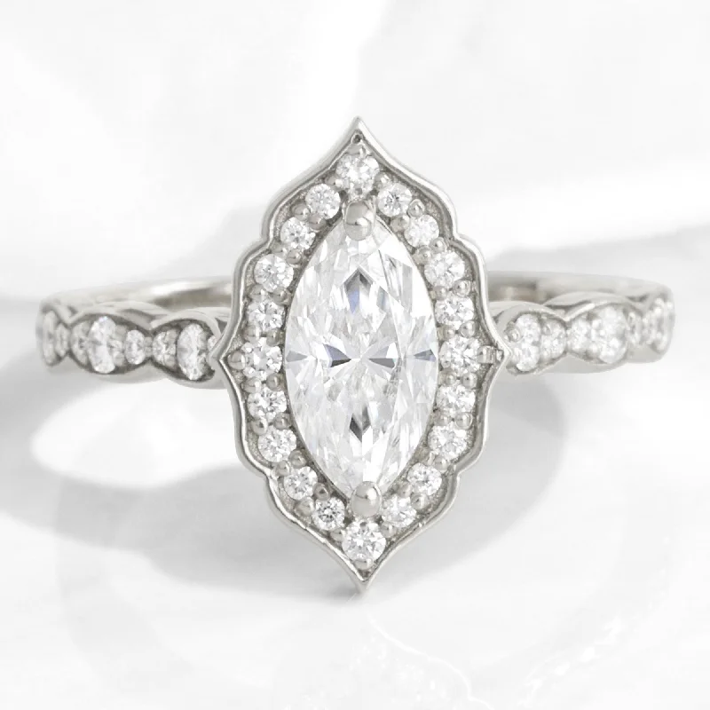 Marquise Moissanite Diamond Ring in 14k White Gold Vintage Floral, Size 6.25