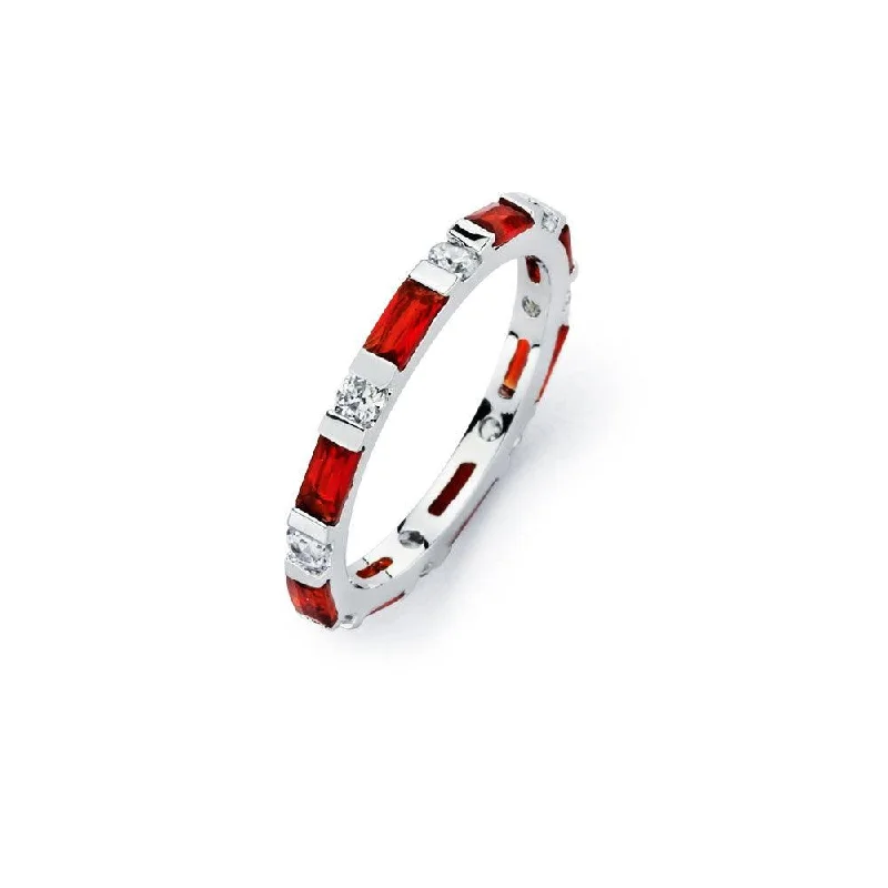 Silver 925 Rhodium Plated Red CZ Stackable Eternity Ring - BGR00623