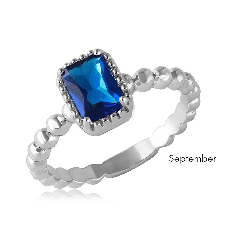 September Sterling 925 Silver Rhodium Plated Beaded Shank Square Center Birthstone Ring - BGR01081SEP