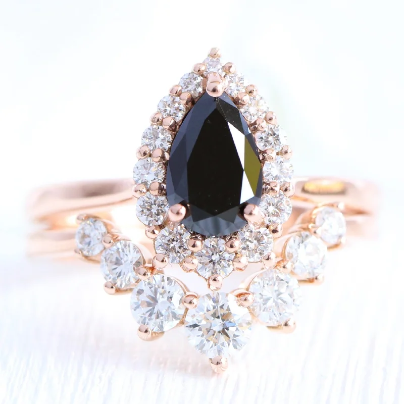 Tiara Halo Pear Black Diamond Ring Set w/ Large 7 Diamond Curved Tapered Band