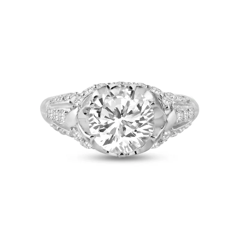 Silver 925 Rhodium Plated Micro Pave Clear CZ Flower Ring - ACR00007