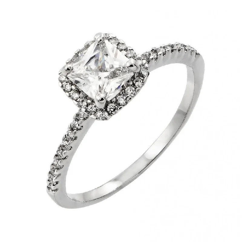 Silver 925 Rhodium Plated Clear CZ Square Ring - BGR00862