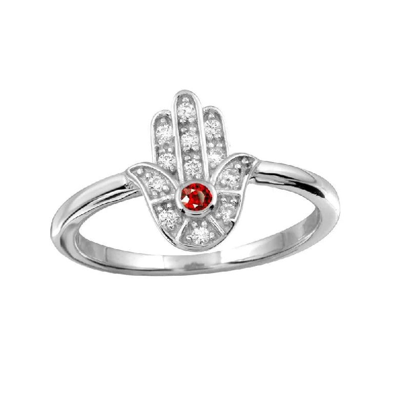 Rhodium Plated 925 Sterling Silver Red Hamsa Ring with CZ - BGR01131RED