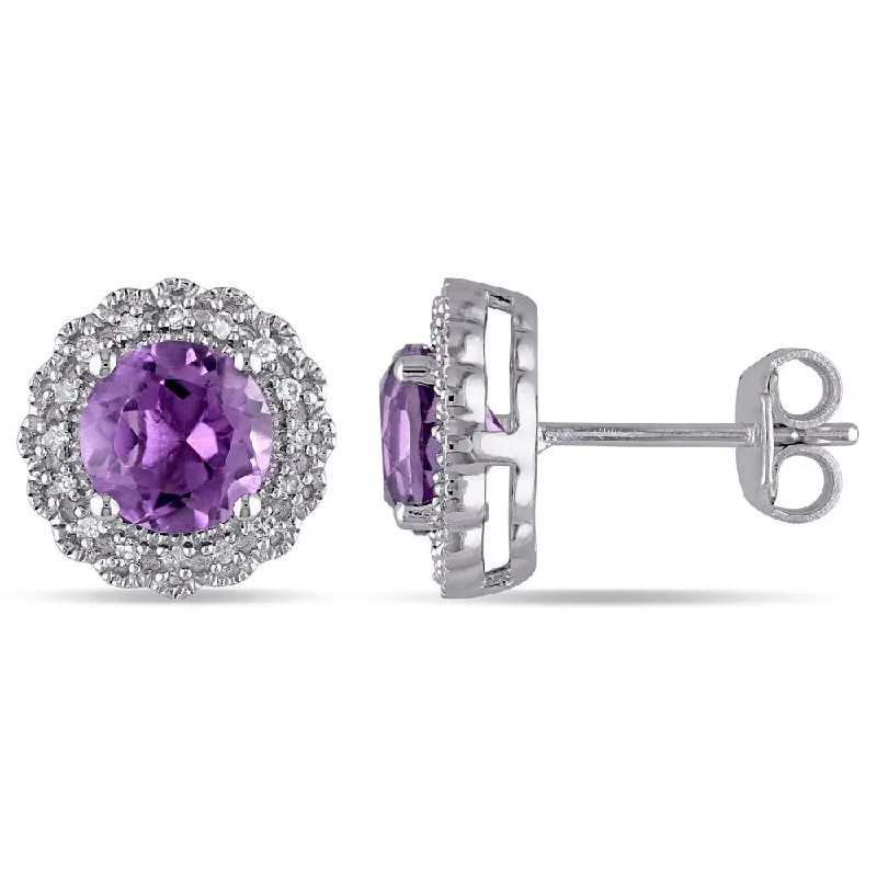 Miadora Silver Amethyst and 1/10ct TDW Diamond Halo Earrings (G-H, I2-I3)