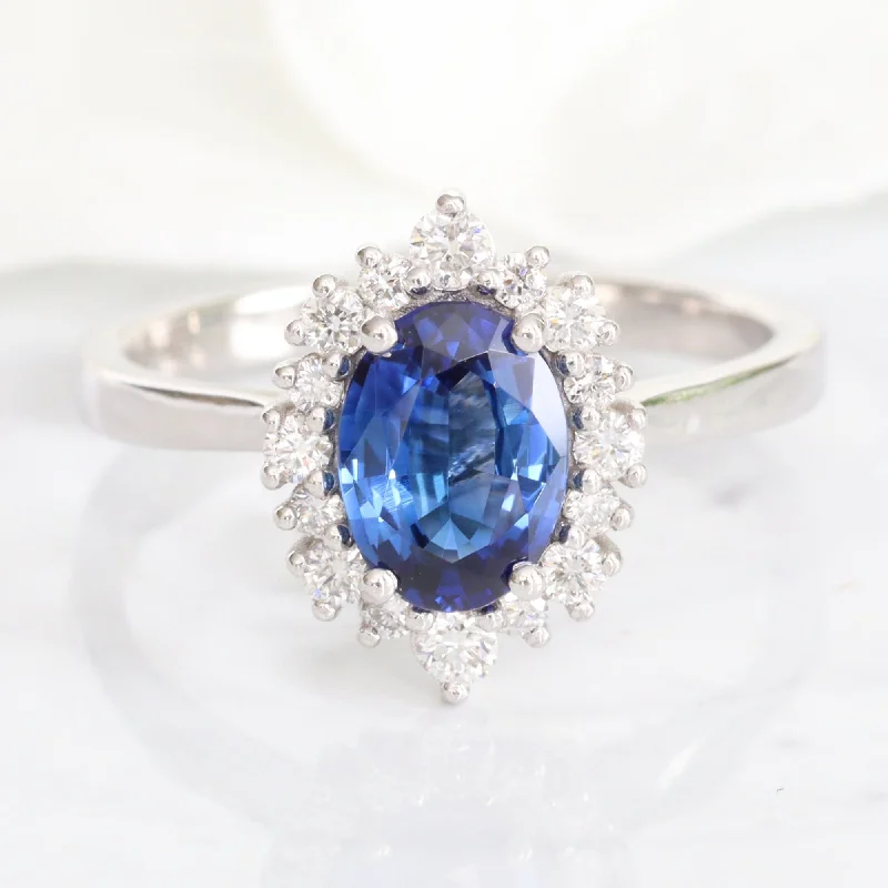 1.58 Ct Oval Blue Sapphire Ring in 14k White Gold Tiara Halo Diamond Ring Size 6.25