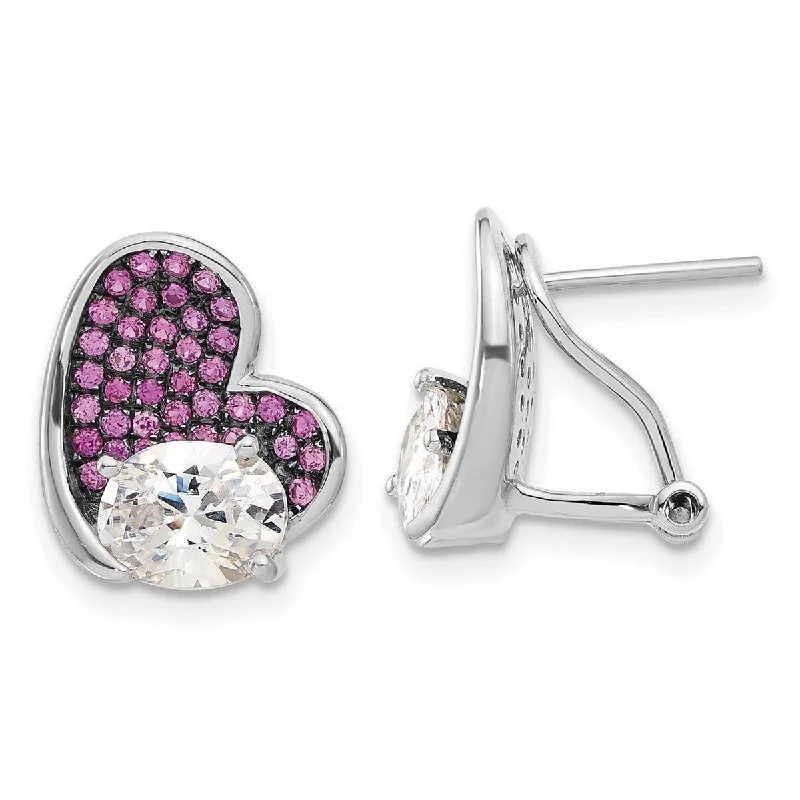 Curata 925 Sterling Silver Omega back and CZ Cubic Zirconia Brilliant Embers Pink Love Heart Post Earrings