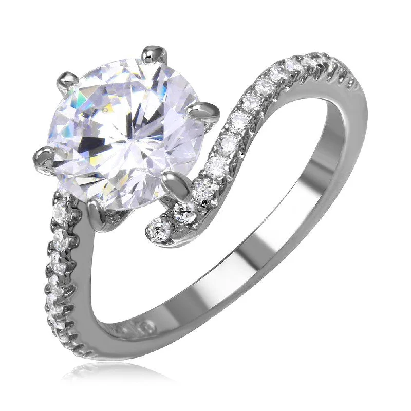 Silver 925 Rhodium Plated CZ Center Round Ring with Parallel Cubic Zirconia Stones - BGR01039