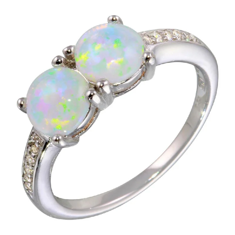 Rhodium Plated 925 Sterling Silver Twin Opal Ring with CZ - STR01075