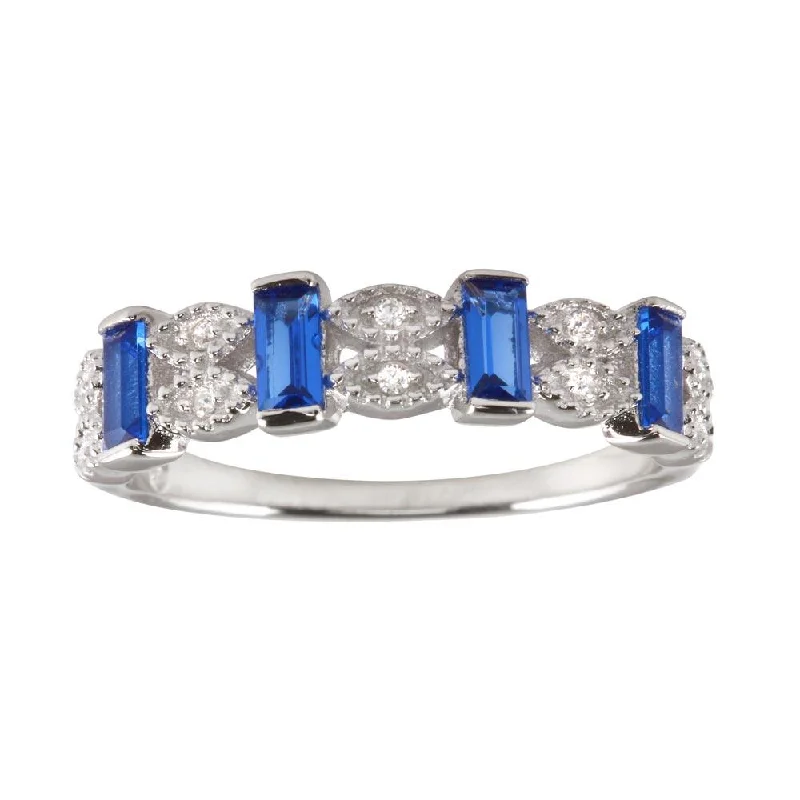 Rhodium Plated 925 Sterling Silver Blue Bar CZ Link Ring  - BGR01223BLU