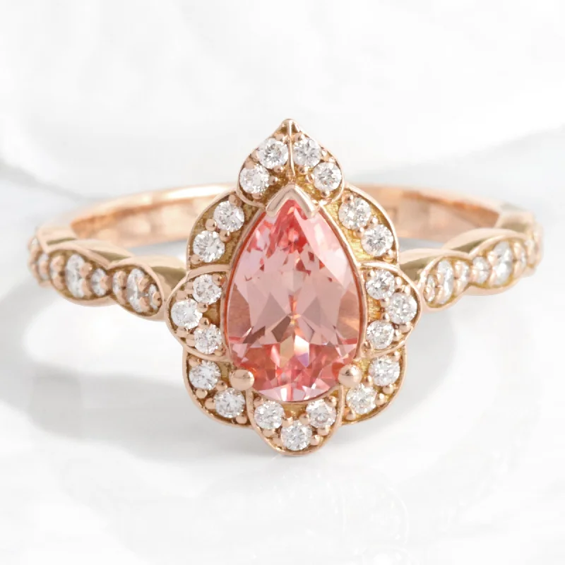 Pear Peach Sapphire Diamond Ring in 14k Rose Gold Vintage Floral Band Size 6