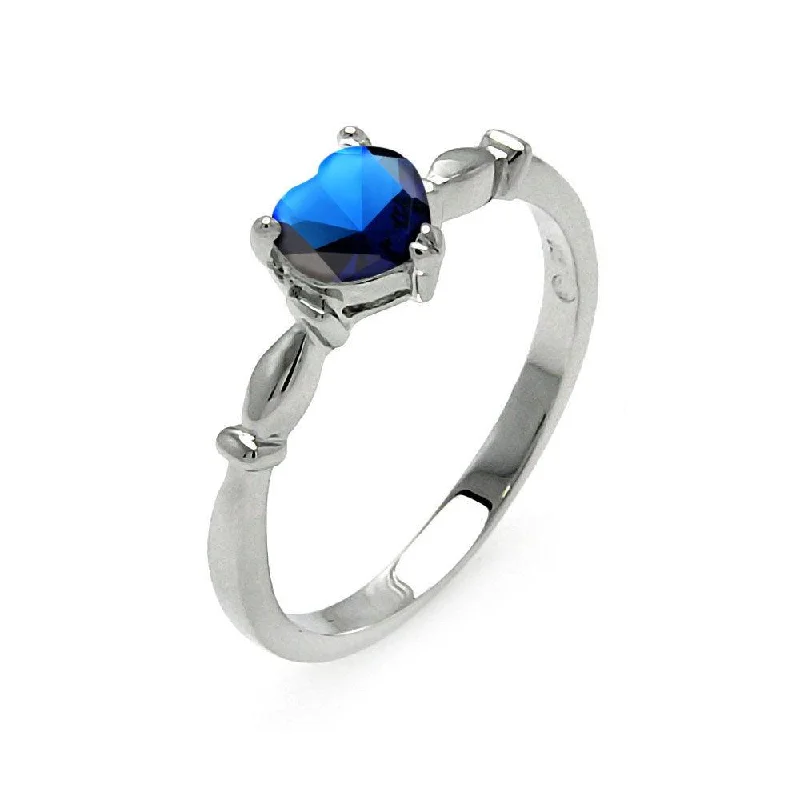 Rhodium Plated 925 Sterling Silver CZ Heart Blue September Ring - BGR00521SEP