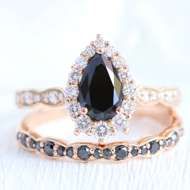 Tiara Halo Pear Black Diamond Ring Set w/ Matching Diamond Scalloped Wedding Band