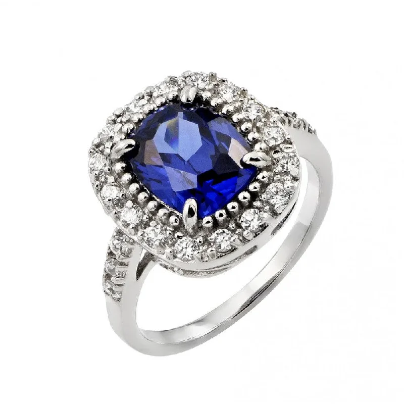 Silver 925 Rhodium Plated Blue Square Center and Clear Cluster CZ Ring - BGR00772