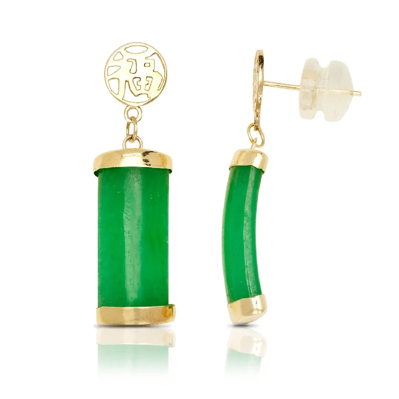 14k Yellow Gold Green Jade Segment Drop Earrings (7mm x 28mm)